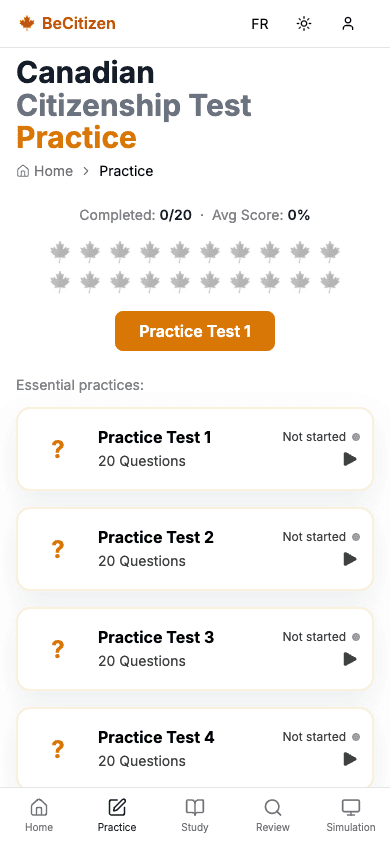BeCitizen practice test list with a progress tracker