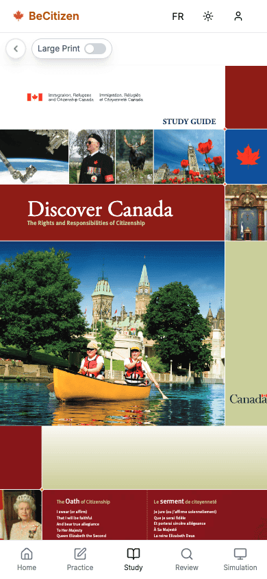 The Discover Canada study guide cover in the BeCitizen reader
