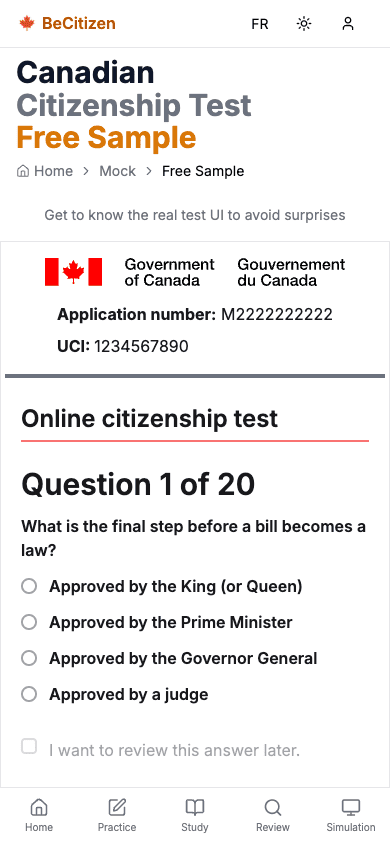 The mock test in IRCC's exact format — Question 1 of 20
