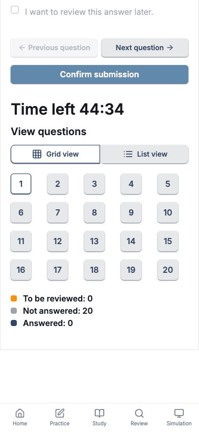 The timed simulator with a 45-minute countdown and question grid