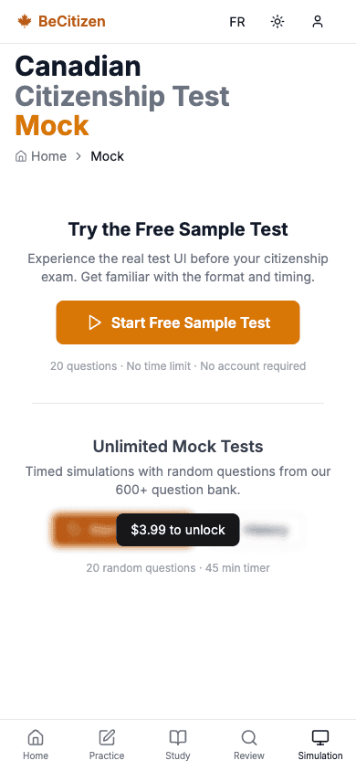 The simulator start screen with a free sample test